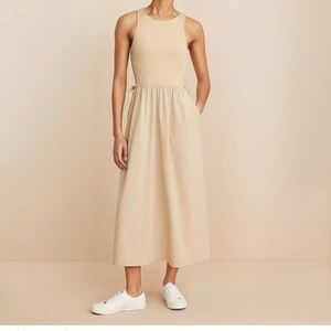 Lou & Grey Neutral Midi Dress L Drawstring Waist Clean Minimalist‎ Capsule